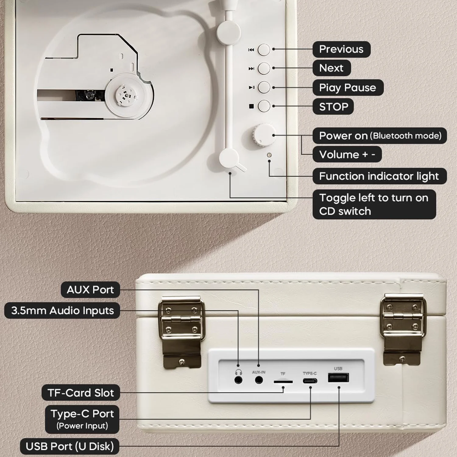 Retro CD Player with Speaker Home Portable Bluetooth Speaker Audio AUX Input/Output Built-in 2000mAh Battery