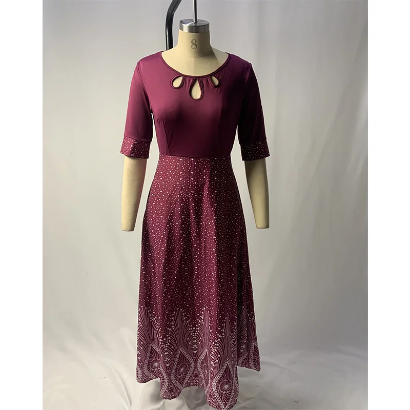 Autumn Women's Clothing Hollow Out Round Neck Vintage Printing Half Sleeve Casual Zipper Pullover Ankle-length Plus Size Dresses