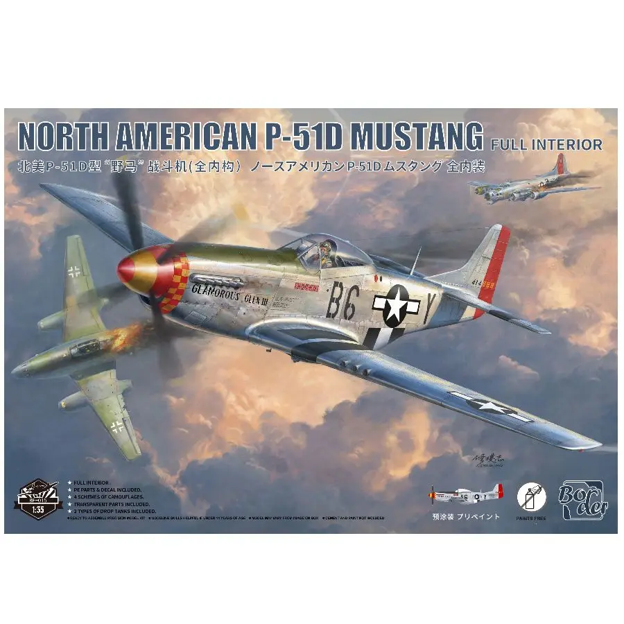 Maquette avion P-51D Mustang 1/35 Border Model, ailes et fuselage pré-peints avec éclairage intégré.