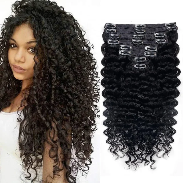 18 Clips In Hair Extensions Natural Color Brazilian Deep Wave 100% Human Hair 8 Pieces 12-32 Inches Hair Extension for Women
