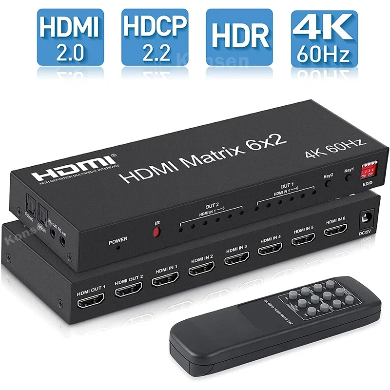 Hdmi splitter 6x2 HDMI matrix switch 4K 60Hz HDMI matrix 6 in 2 out video switcher splitter with optical R/L audio extractor for PC laptop TV