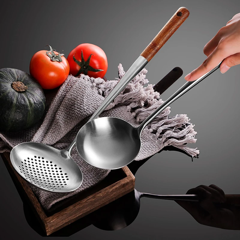 Stainless Steel Cooking Tools with Wooden Handle Soup Spoon Ladle Colander Spatula Shovel Silver 1Pc