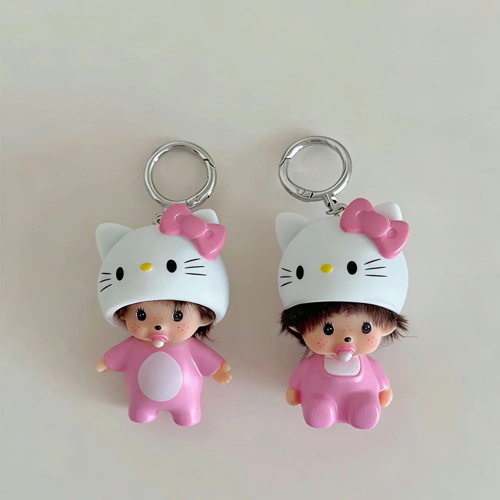 NEW Cute Hello Kitty Monchhichi Doll Keychain TPR Material, Cartoon Pendant Bag Charm Car Key Ring, Lovely Gift for Girls