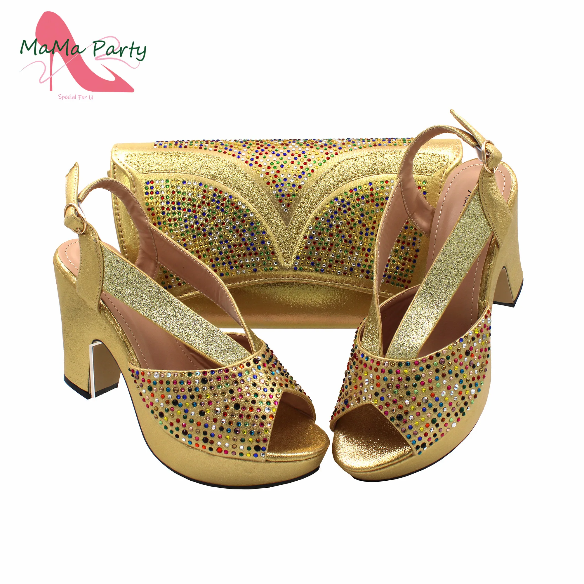 2023 New Design Decorate with Rhinestone Italian Women Shoes And Bag Set in Gold Color High Quality Pumps for Wedding Party