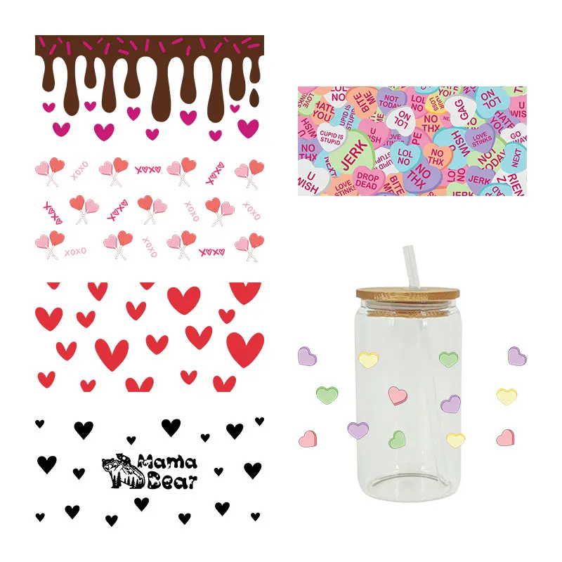 UV DTF Transfer Valentine's Day Heart Printed Sticker For 16oz Libbey Glasses Wraps Bottles Cup