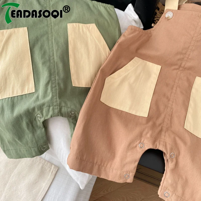 Newborn Infant 0-3Y Toddler Kids Baby Boys Girls Suspender Trousers Patchwork Color Blocking Cotton Pockets Overalls Rompers