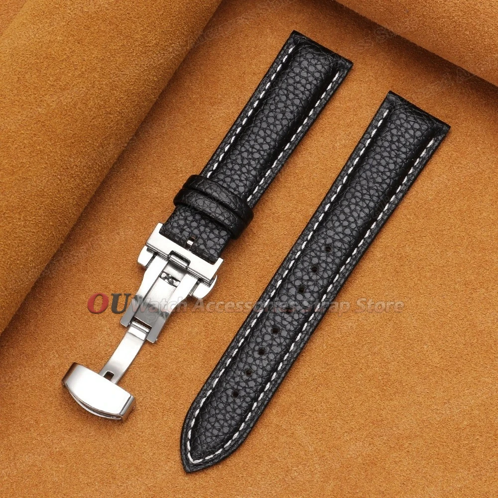 Premium Calfskin Litchi Grain Leather Watch Strap with Butterfly Buckle