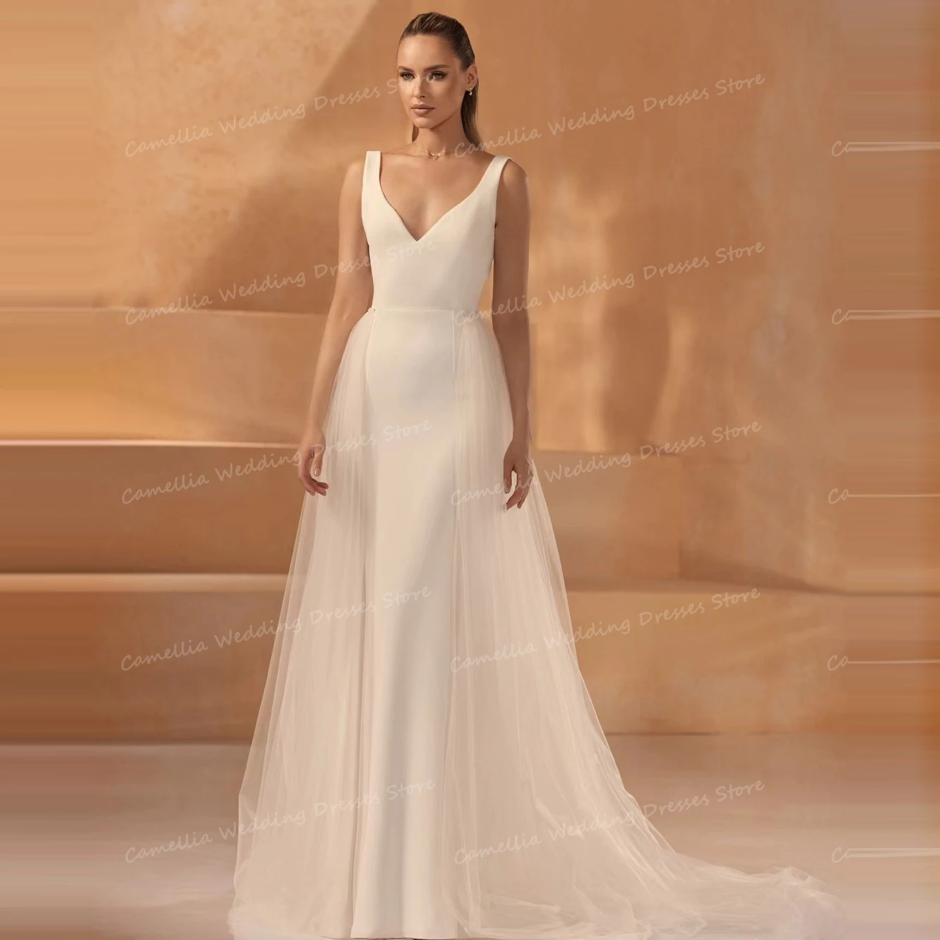 

Luxury Simple Mermaid Wedding Dresses Women's Elegant Sexy Sleeveless V Neck Backless Formal Satin Bridal Gowns Vestido De Novia