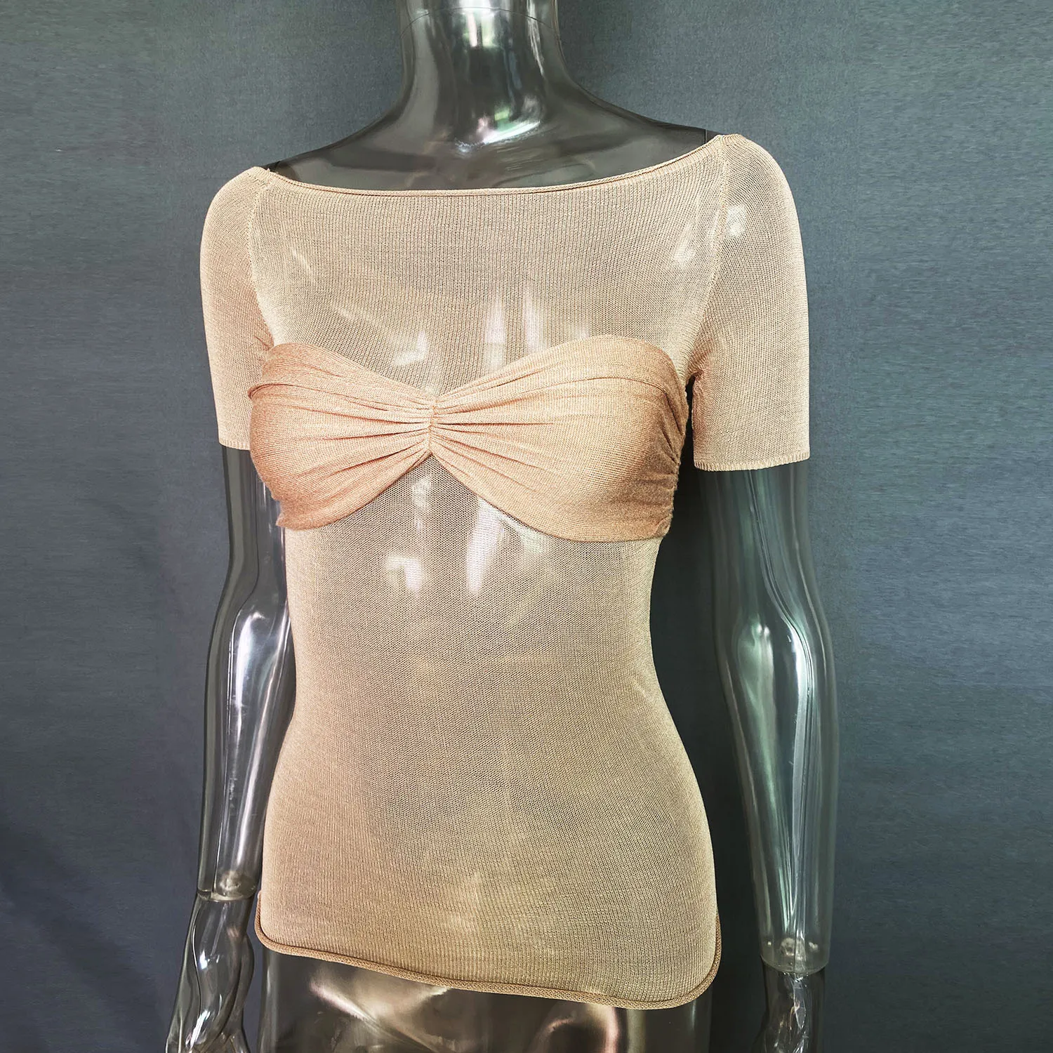 Short Sleeve Mesh Top Shirt For Women Off-Shoulder See-Through Knit Sexy Pullover Summer Sheer New 2025 Ladies T-shirt