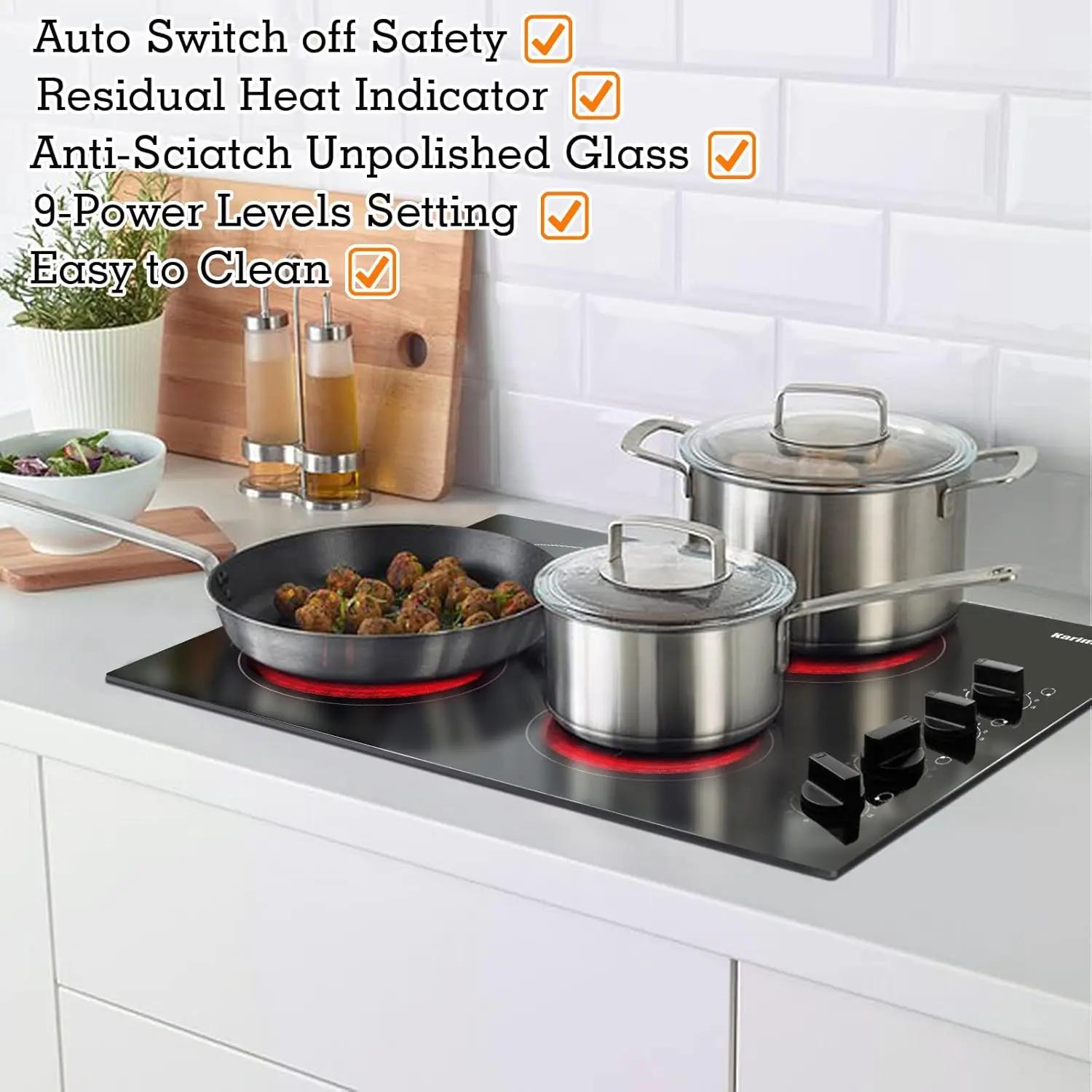 4 Burners Electric Cooktop 24 Inch Built-in 220-240v 6000W Knob Control Residual Heat Indicator