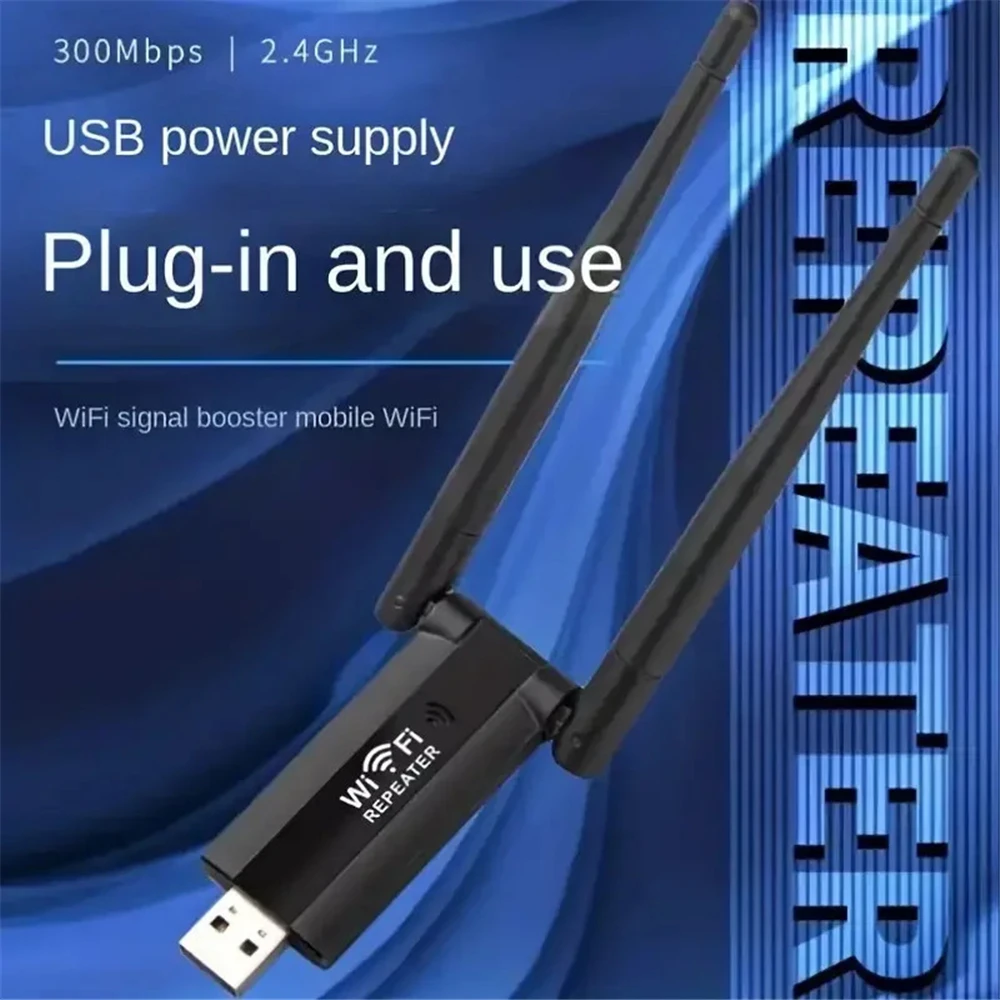 For Desktop PC Laptop USB Wifi Repeater 300M Wi-Fi Signal Booster 2.4G Wireless Extender 2 Antenna Long Range Wi Fi Adapter