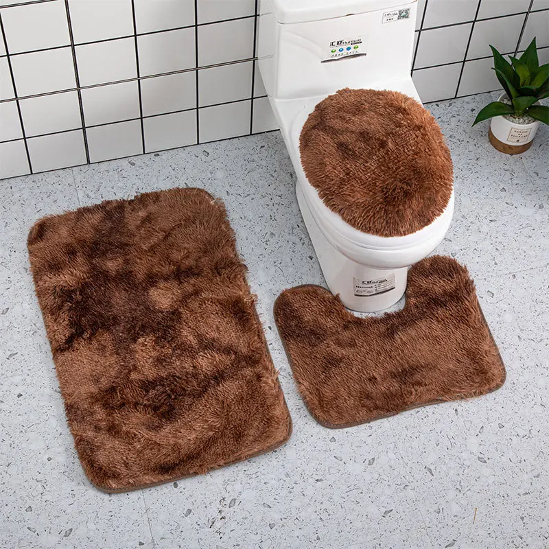 Solid Color Bath Rug Set Soft Plush 3 Piece Non Slip Absorbent Bathroom Mat,U Shaped Contour Rug & Toilet Lid Cover Washable