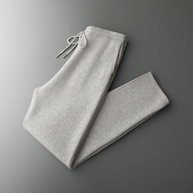 New 100% pure wool men's padded warm casual wide-leg pants knitted cashmere trousers in autumn and winter. 3