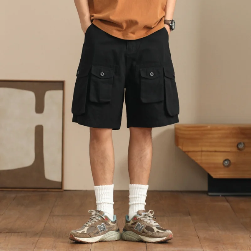 Summer street men's work shorts High-end combed cotton loose fit knee-length pants Multi-pocket model stretch casual pants
