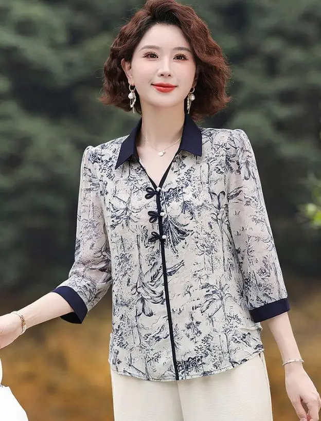 المرأة الحد من العمر قميص صيف جديد 3/4 كم قميص مطب...