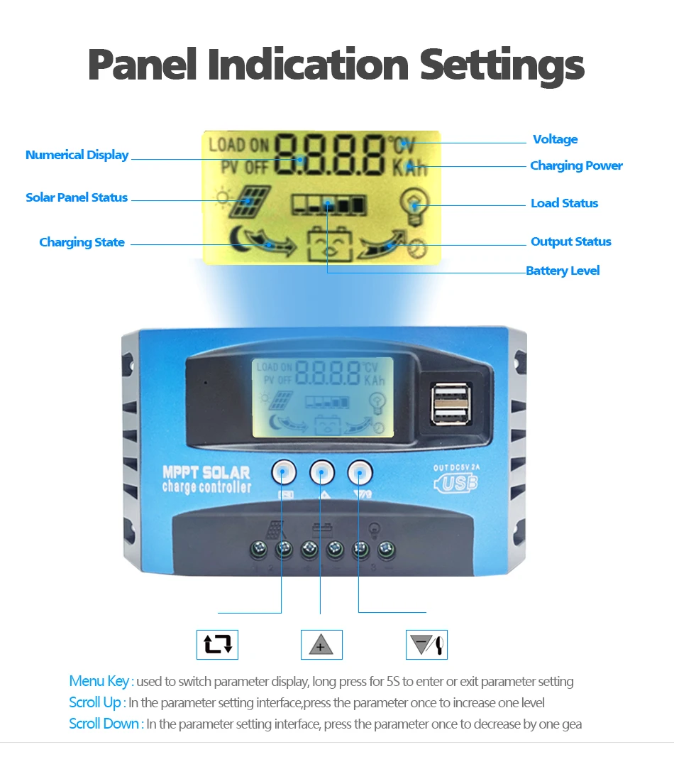 solar charge controller MPPT 30A 50A 80A 100A LCD Display 12V 24V AUTO Dual USB Solar Charge And Discharge Controller