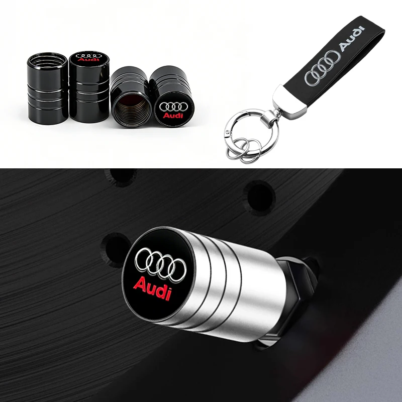 Luxury Car Tire Valve Caps and Suede Keychain Gift Set