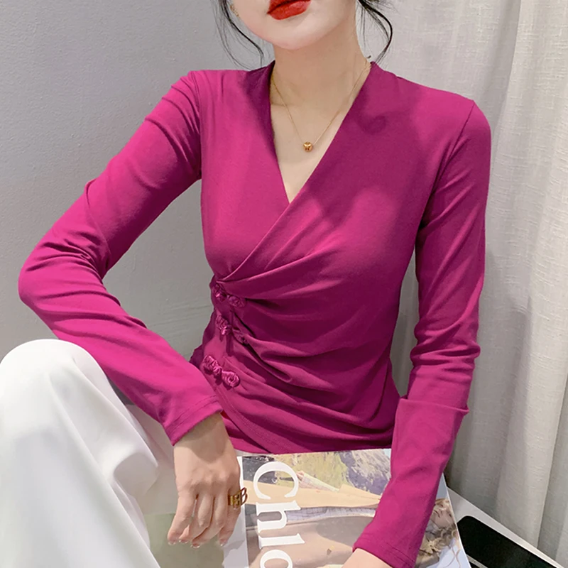 

#8633 Сексуальная футболка с запахом, Женская винтажная Асимметричная футболка с V-образным вырезом, облегающая Базовая женская футболка с длинным рукавом, пуговицы в китайском стиле