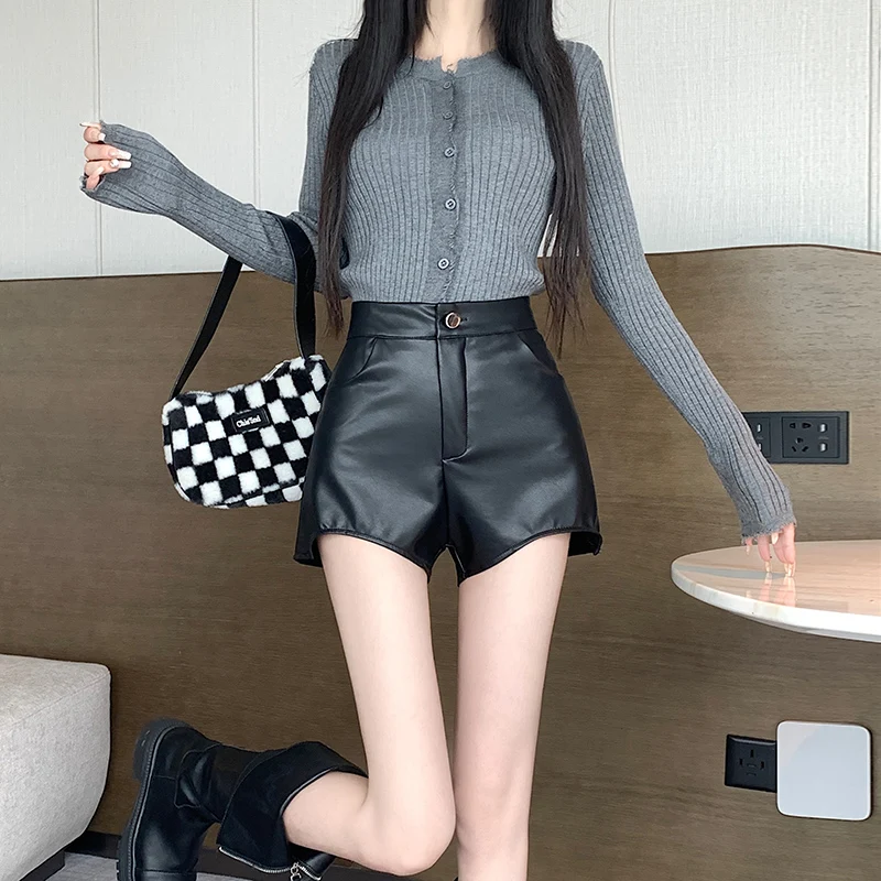 2023 New Winter Women's Leather Shorts with High Waist, Slimming PU Leather Wrap Hip Tight, Sexy Hot Pants and Bottom Boots