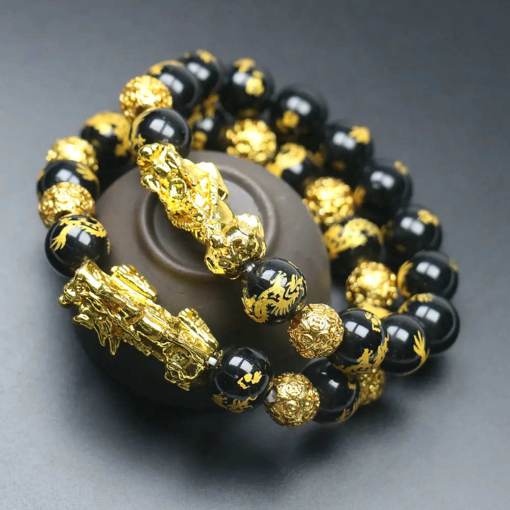 Bracelet Feng Shui Wealth Pi Xiu Mantra Beads Black Obsidian for Men Women beaded bracelet stone bead bracelet