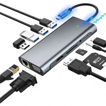 델 HP 맥북 프로용 USB C 허브 노트북 도킹 스테이션, HDMI PD 3.0, USB RJ45 VGA PD AUX TF/SD 카드 리더기, 11 인 1