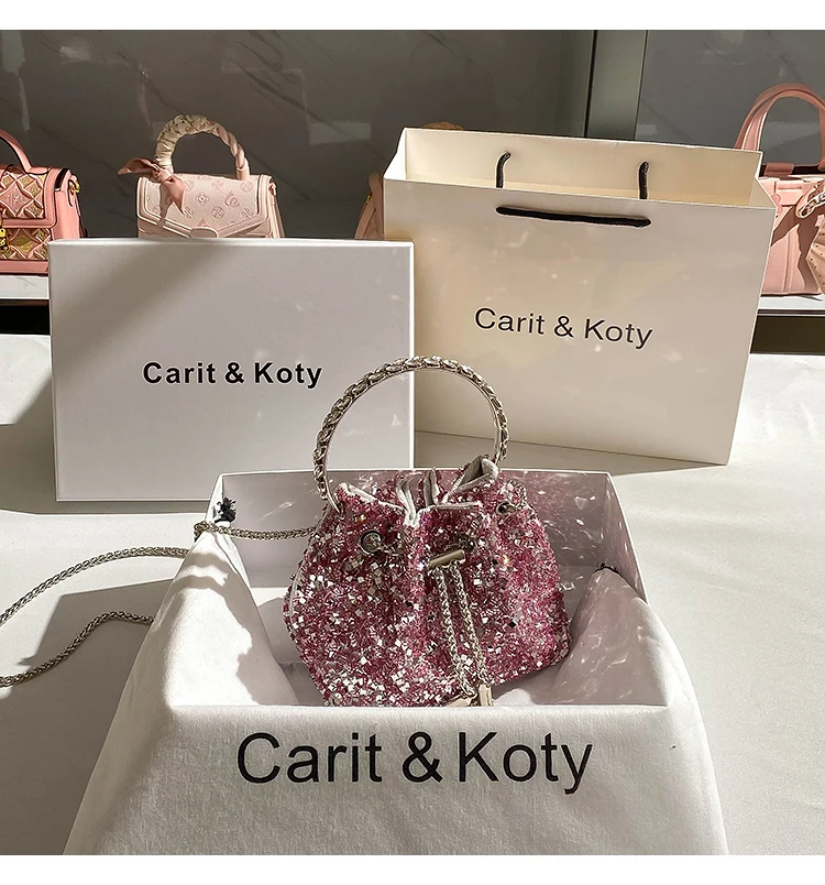 

Luxury Metal Handle Glitter Shiny Sequins Evening Clutch Bag Wedding Party Bucket Purse Women Handbag Shoulder Messenger Bag