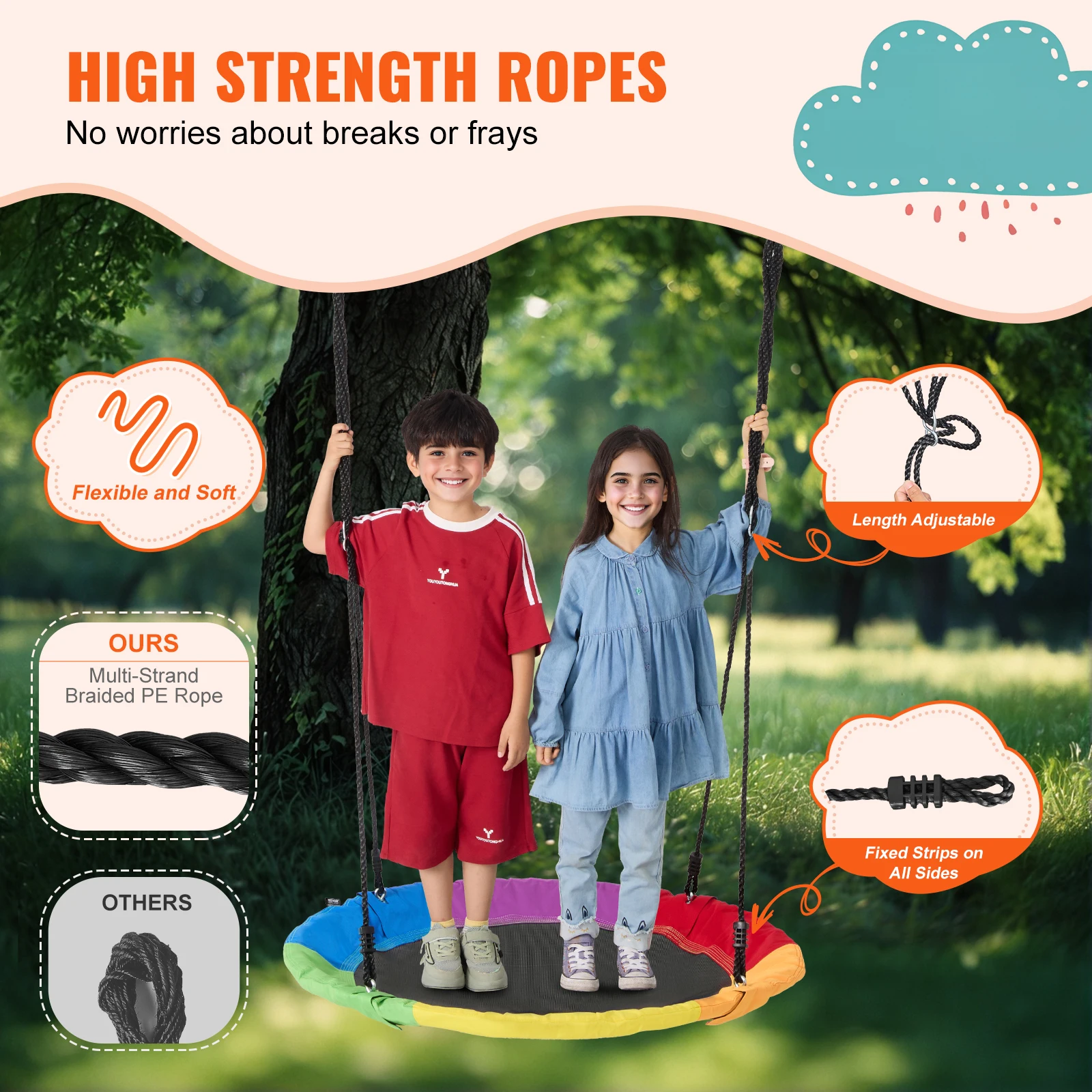 SucceBuy Tree Swing Saucer Swing 750lbs Swing Seat 2 Tree Hanging Straps Adjustable Multi-Strand Ropes Round Swing Kids Outdoor 4