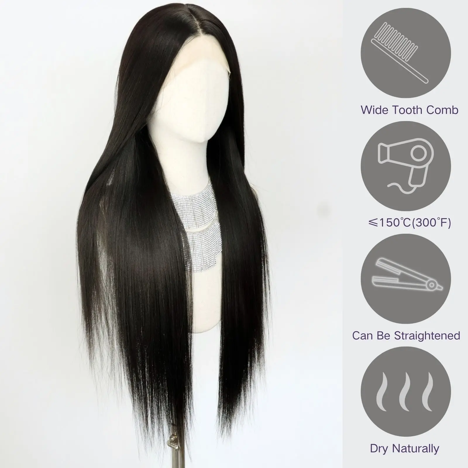 Black 13x4 Lace Front Wigs 32 Inch Long Straight Synthetic Wigs Free Part Lace Front Wig(32Inch)