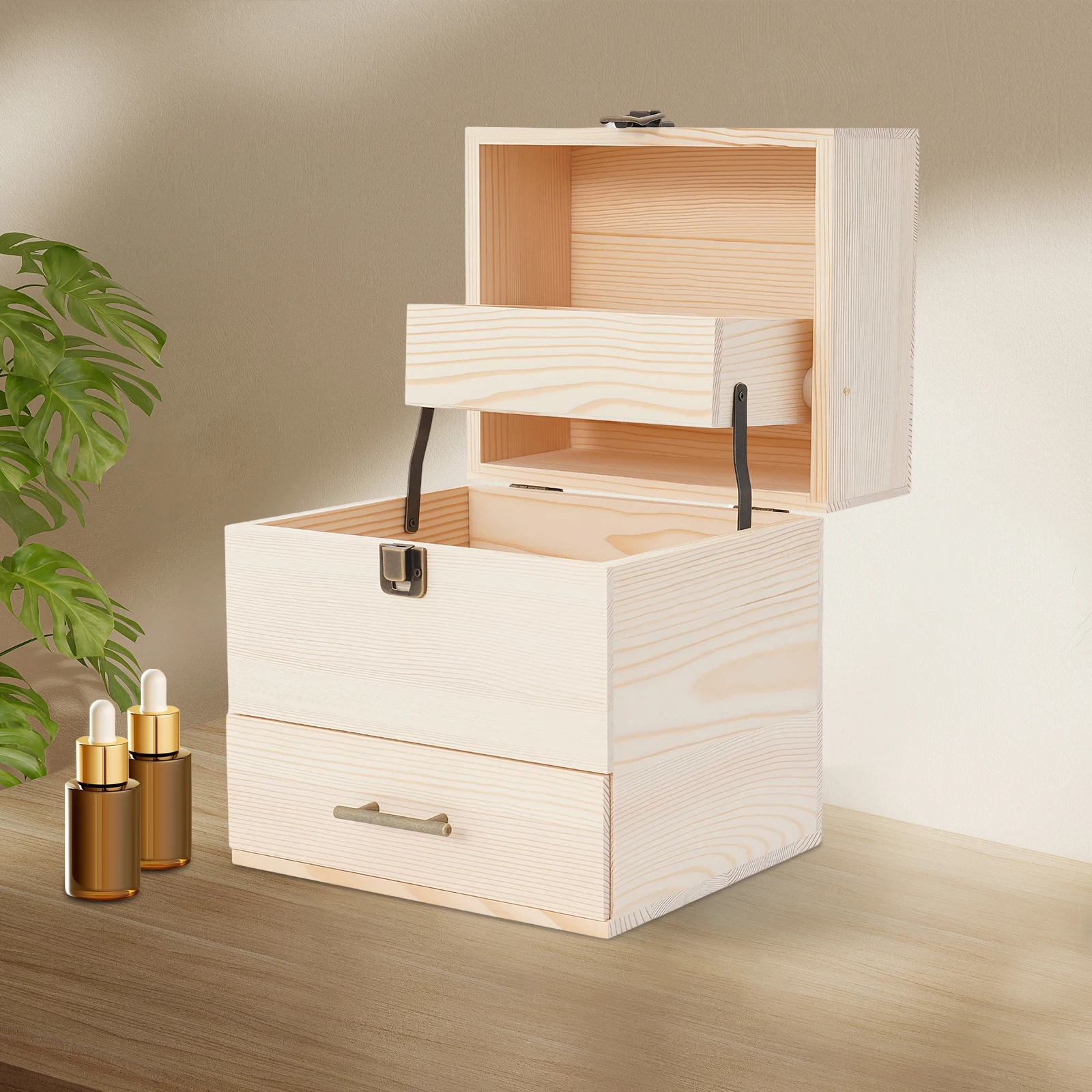 59-Slot-Displaybox für ätherische Öle, Kiefernholz, 3-stufiges Schubladenriegel, leicht, leicht zu bewegen, für Nagellackfläschchen, Schmuck – Detail 1