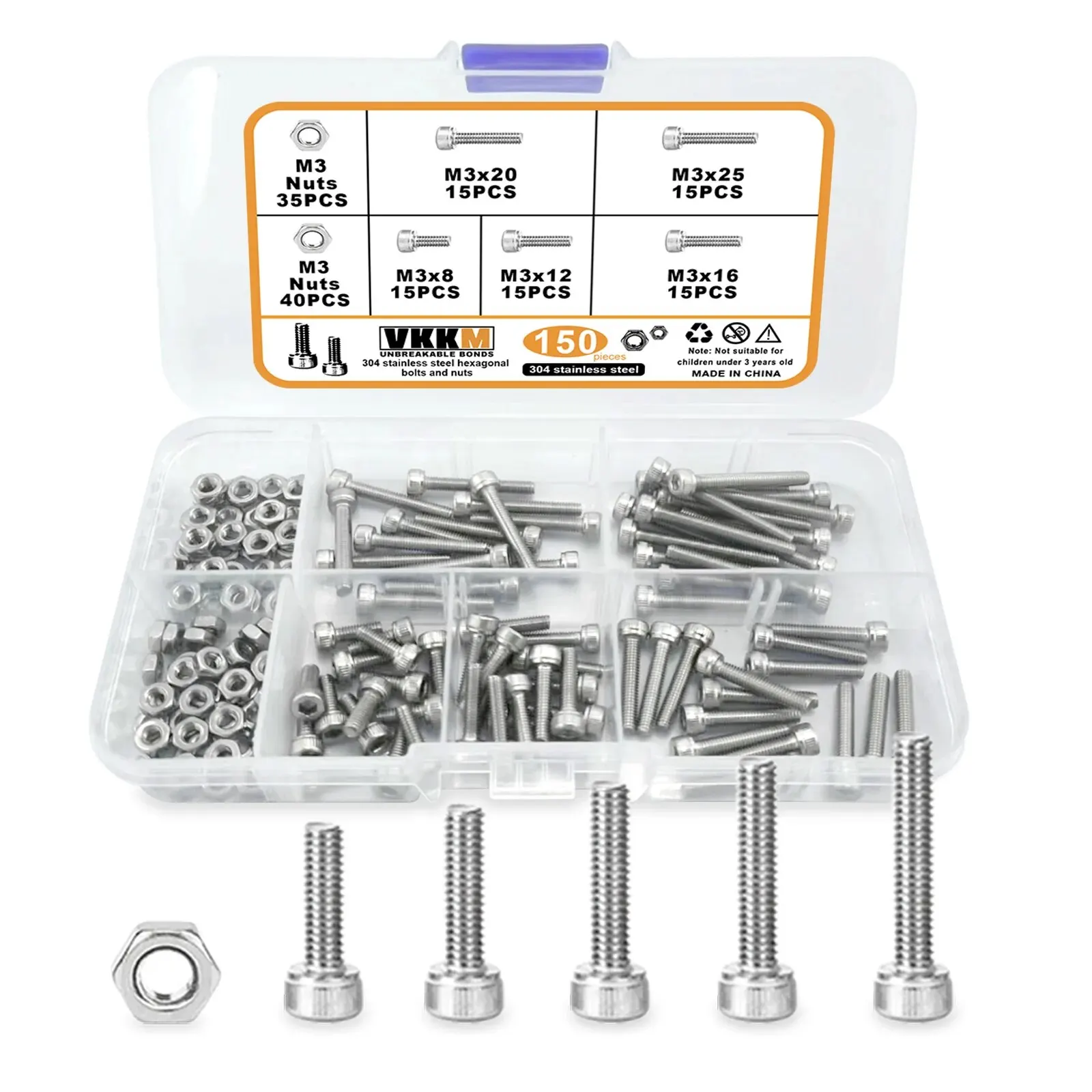 Screw Bolt Nut Set 150PCS Hex Head Screw And Nut M3 Stainless Steel For Small DIY Repair Projects