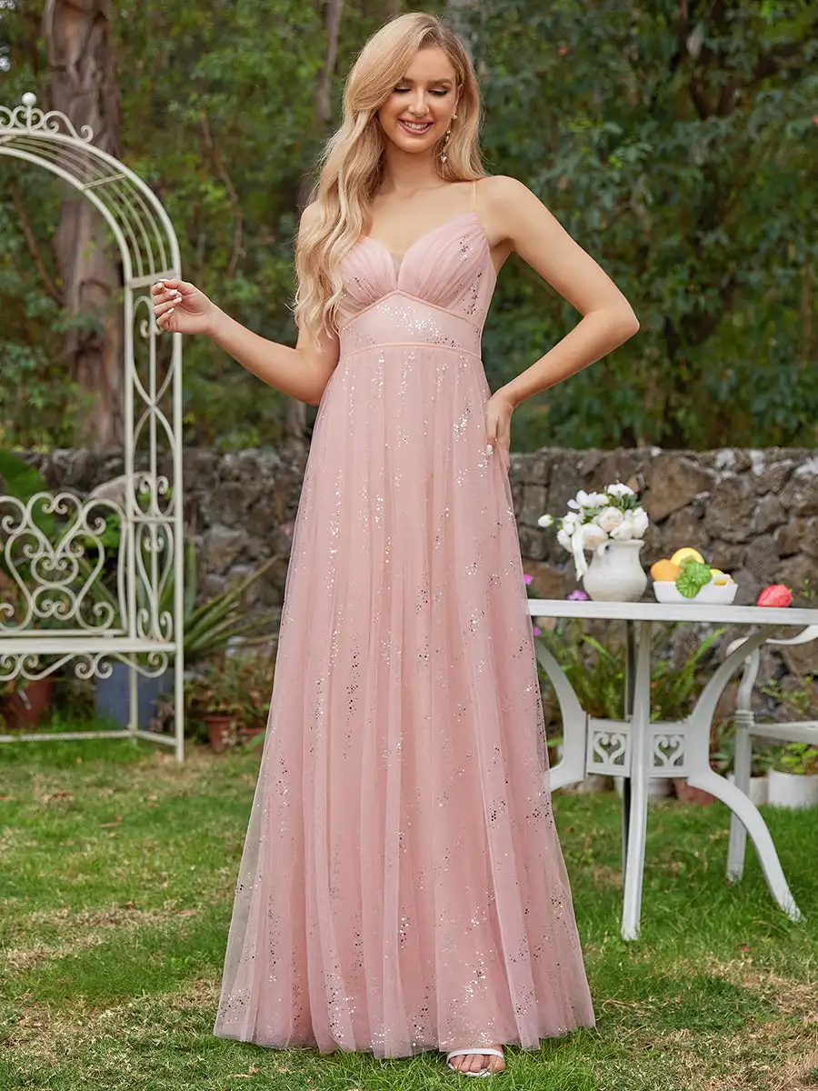 

Elegant Evening DressesTulle V Neck Spaghetti Strap Bodice Sequin Small size 2024 Ever Pretty of Pink Gauze Bridesmaid Dress