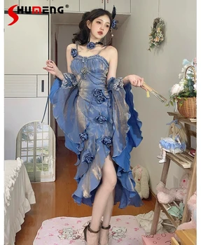 Abito Lolita a coda di pesce da donna a vita alta slim fit elegante abito lungo irregolare abito gotico da donna con manica primavera ed estate
