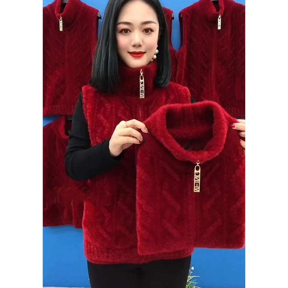 우아한 어머니 겨울 옷, 밍크 벨벳 코트, 중년 여성 니트 조끼, 두꺼운 민소매 재킷, 가디건 스웨터, 가을
