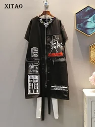 XITAO Tide Print Letter Dress Suquined Elegant Women Irregular Pocket Korean Fashion Pullover Match All Summer DLL3176