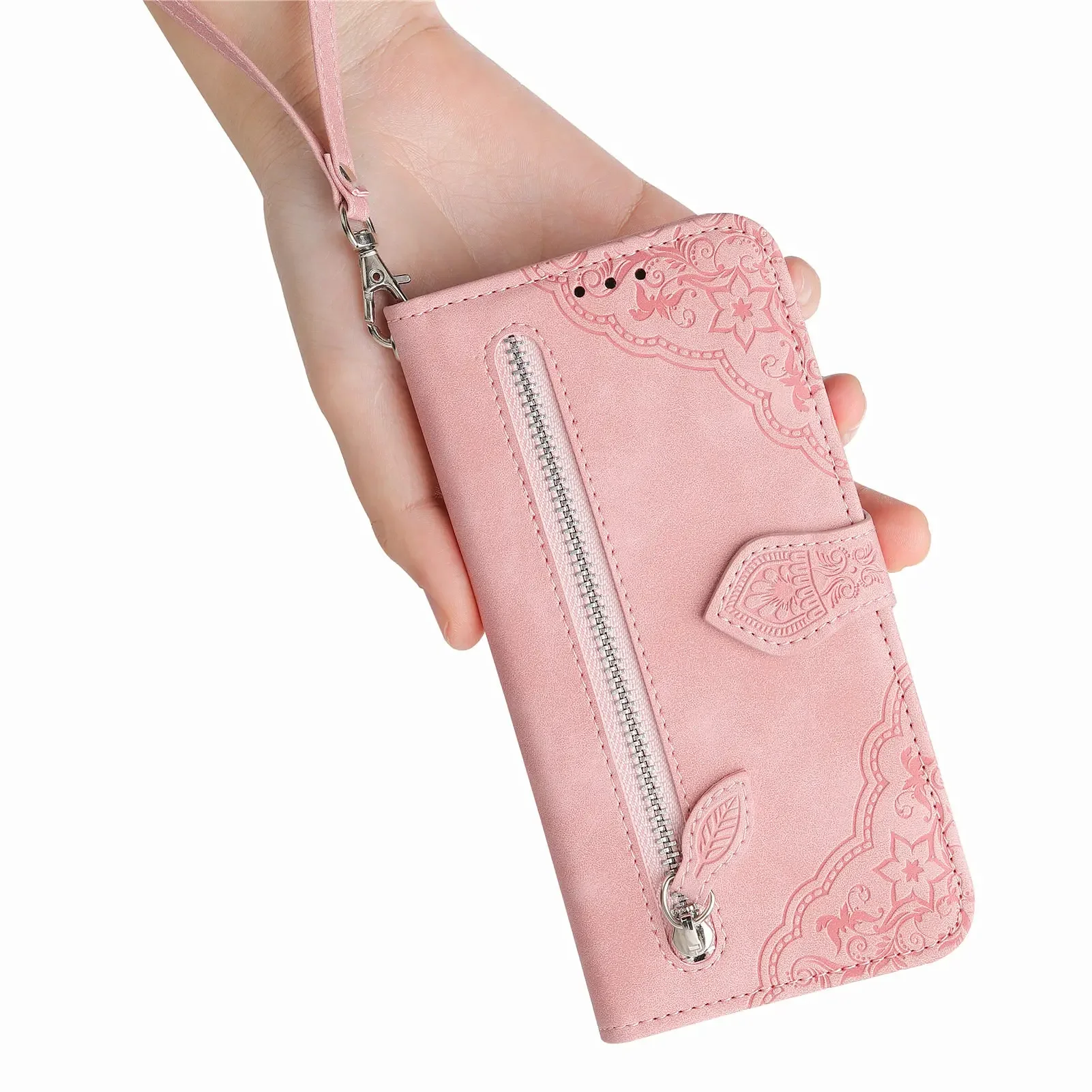 Zipper Card Slot Leather Wallet Case with Purse Pocket and Flower Design