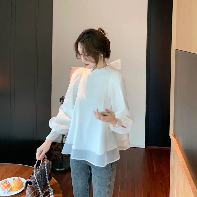 Korea Blouses Women Lovely Retro Solid Bow-design Puff Sleeve Office Ladies Tops French Style Elegant Breathable Fashion dresses women puff sleeve holiday sundress hollow out floral design korean style college lovely simple trendy summer vestidoes