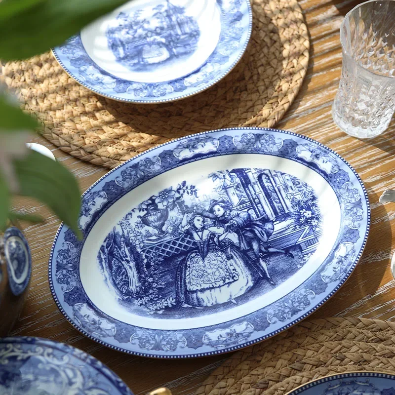 

European Court Blue And White Phnom Penh Bone China Tableware Fish Flat Plate Dinner Soup Plate Pot Rice Bowl Teacup Saucer Home