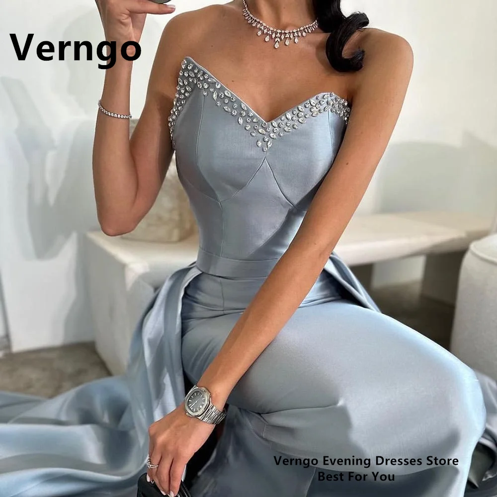 

Verngo Blush Blue Sequined Party Dress Sleeveless Sweetheart Long Prom Gown Dubai Draped Train Formal Dresses For Women 2024