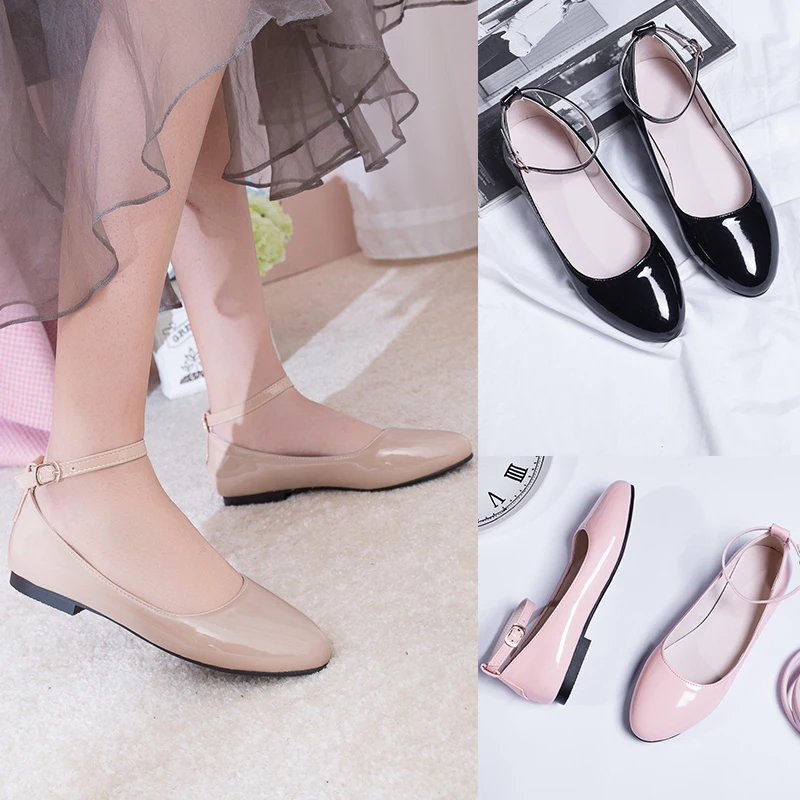 Big Size Spring Women Flat Red Pink Patent Leather Round Toe Low Square Heel Ballet Casual Party Office Ladies Ankle Strap Shoes