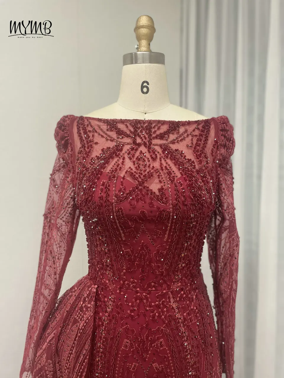 MYMB Wein Elegantes Kleid für die Brautmutter mit langen Ärmeln und Perlenstickerei, arabisches, wunderschönes Meerjungfrau-Abendkleid für die Hochzeitsfeier – Detail 9