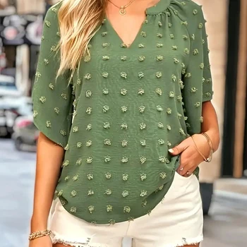 Mugen Solid Color Blouse V-Neck 2024 Women‘s Clothing For Summer Short Sleeves Casual Green Blouse Loose Swiss Dots Blouse