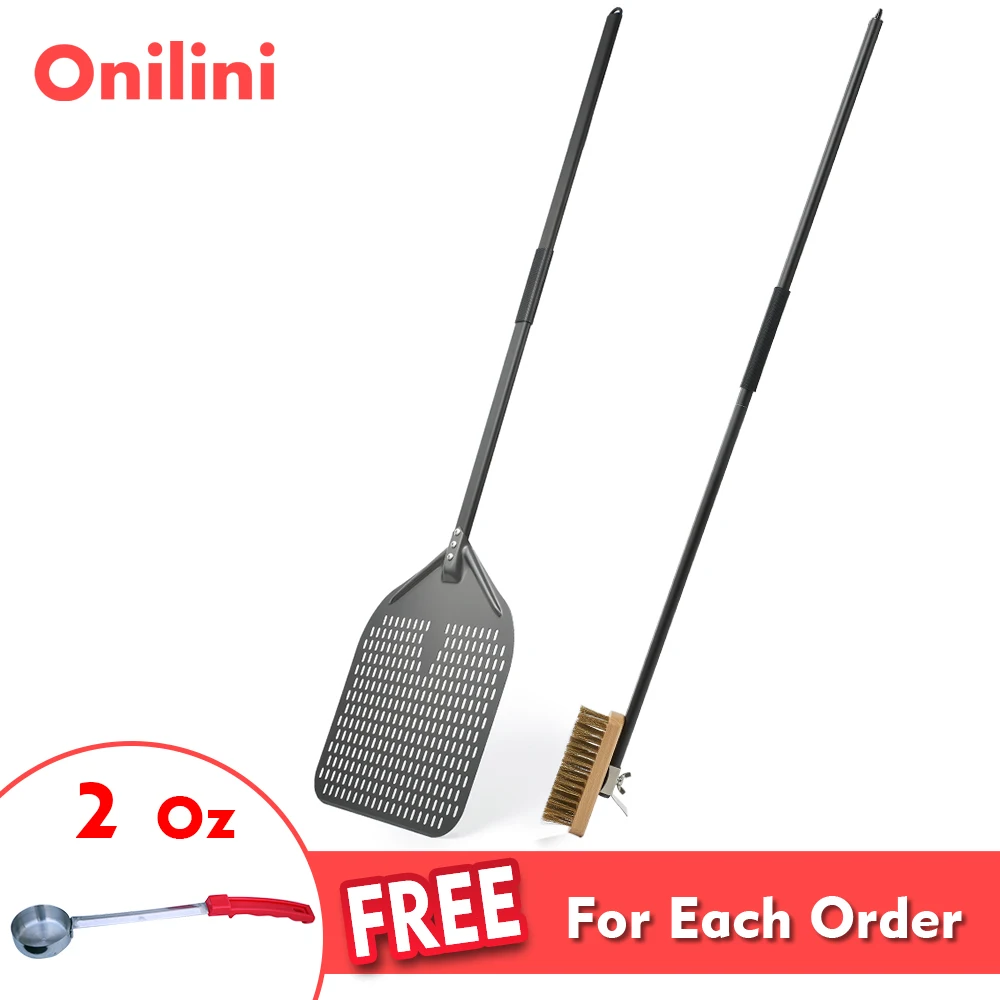 Onilini 12/13/14inch with Brush Hard Anodized Pizza Peel Long Handle Commerical Pizza Oven Cleaning Brush Oven Accessories