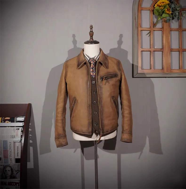 YRFreeshippingLuxuryVintagegenuineleatherjacketClassic1930sRiderleathercoat13mm