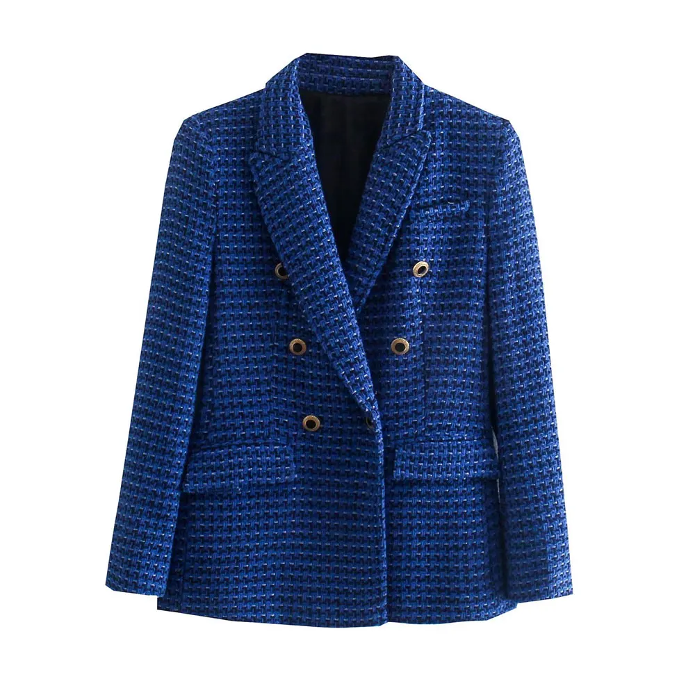 

Women Fashion Tweed Double Breasted Blazer Coat Vintage Long Sleeve Flap Pockets Female Outerwear Chic Veste Femme
