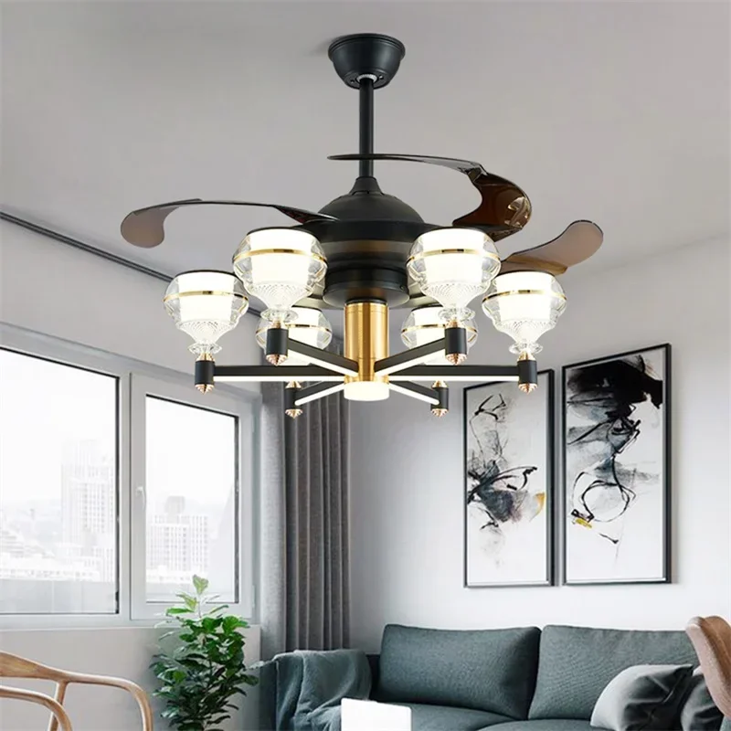 GISELLE Ceiling Fan With LED Light Black Remote Control 220V 110V Home Decorative For Living Room Bedroom Restaurant