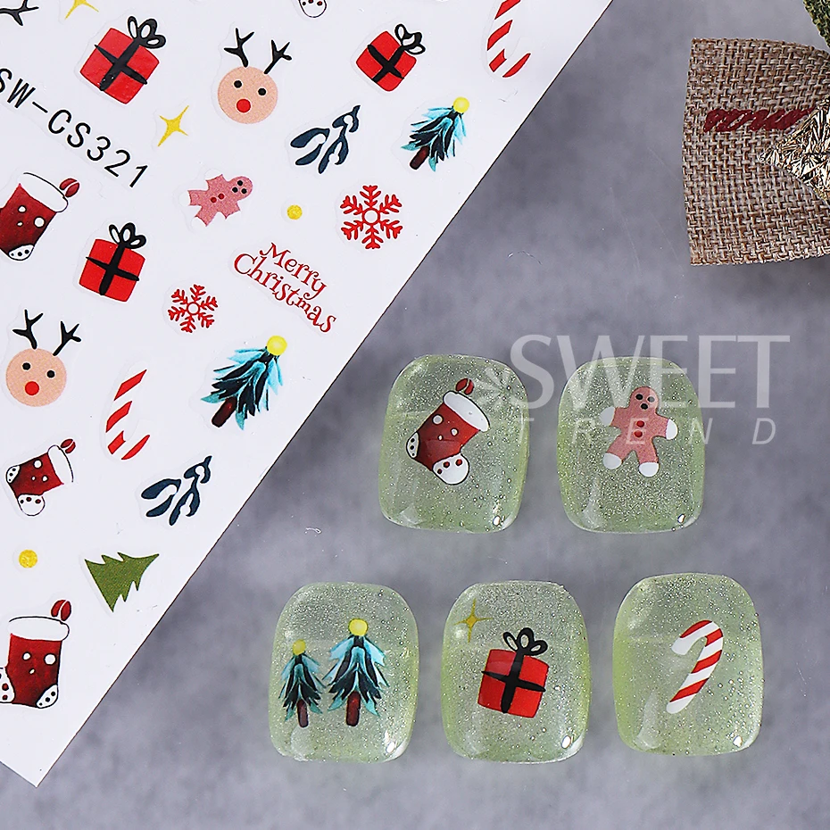2pcs Christmas Nail Stickers Cute Gingerbread man Elk Xmas Tree Leaves Holly DIY Winter Gift Decals Sliders Manicure Decoration