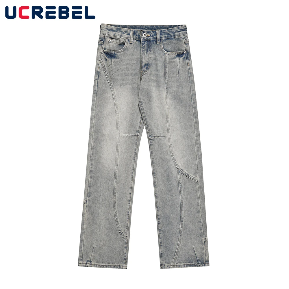 

Retro Distressed Jeans Mens Spliced Washed Loose Straight-leg Pants Streetwear Denim Pants Men