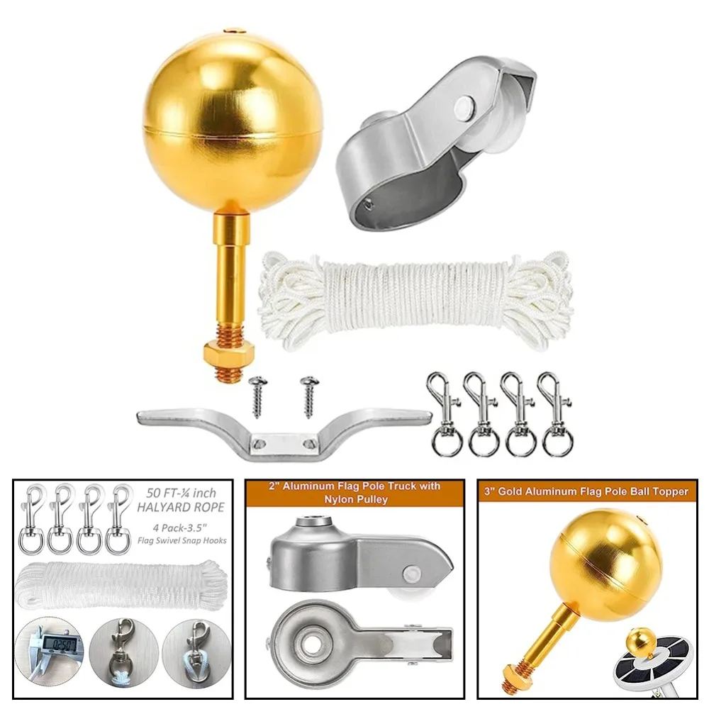 Aluminum Alloy Flag Pole Tool Set Nylon Braided Rope Upgrade Hardware Repair Kit Cleat Hook 3 Inch Golden Ball
