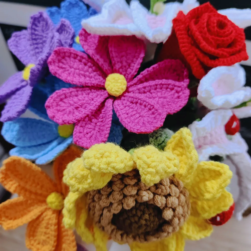 Finished Handmade Crochet Artificial Flowers For Living Room Decor Crochet Yellow Sunflowers Kintted Pink & white Lily Flowers