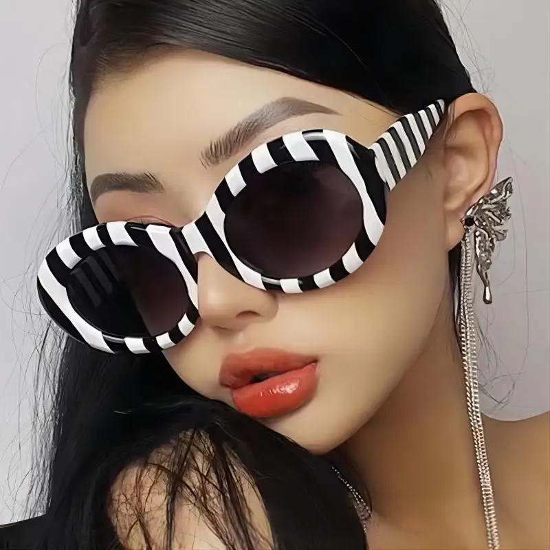 

Oval Striped Zebra Sunglasses for Girls Street Beat Personality Trend Hip Hop Sunglasses Stage Performance Party Netflix Models